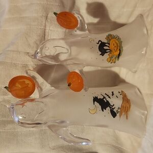 Halloween, Acrylic,  Ghost Figurines Holding Pumpkins With Witch and Cat Design